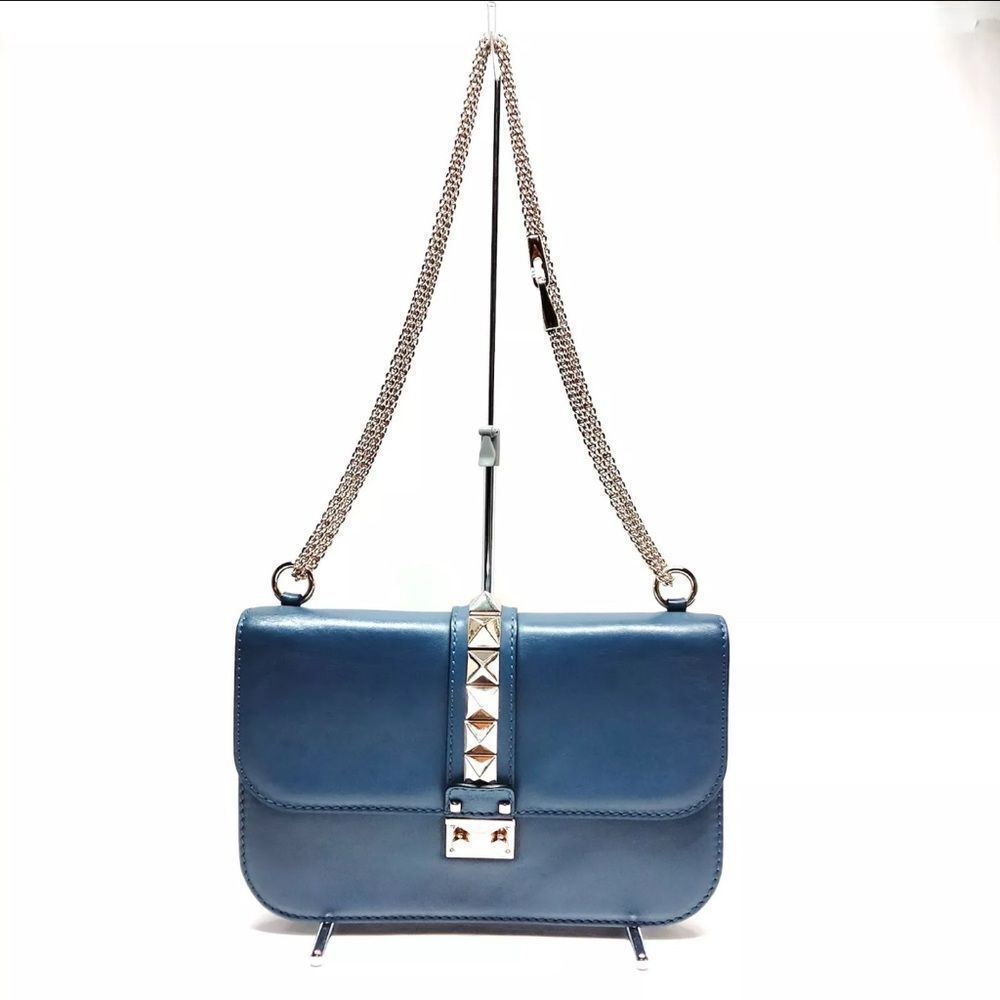 Auth Valentino Garavani Navy Blue Glam Lock Rockstud Medium Flap Shoulder Bag